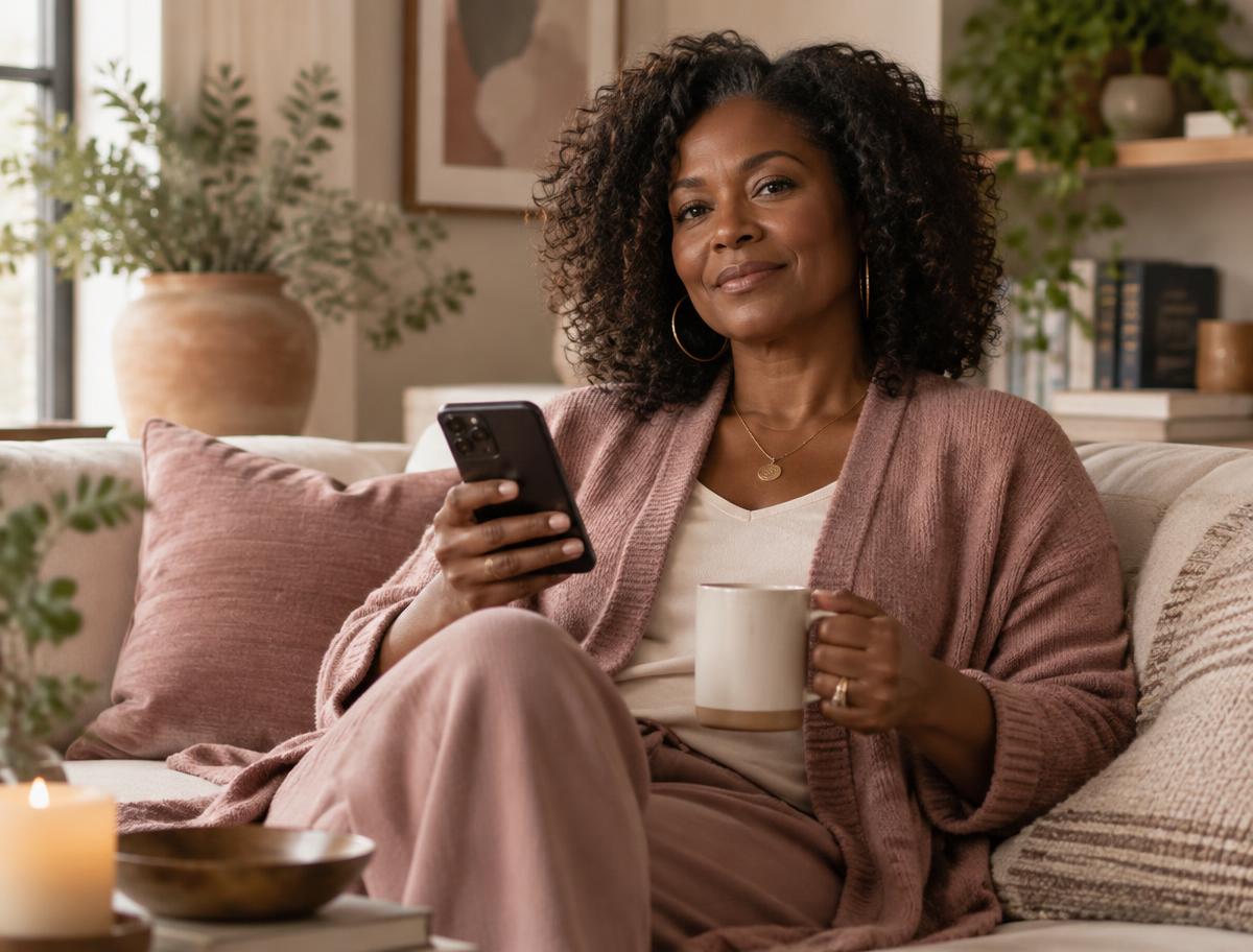 A Black woman in her forties sitting at home with a warm drink, reading on her phone