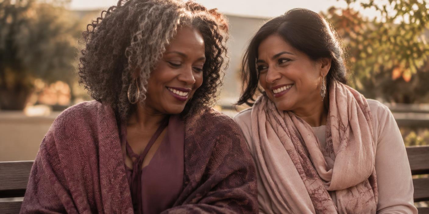 Two women of color in midlife sitting together outdoors, talking and smiling
