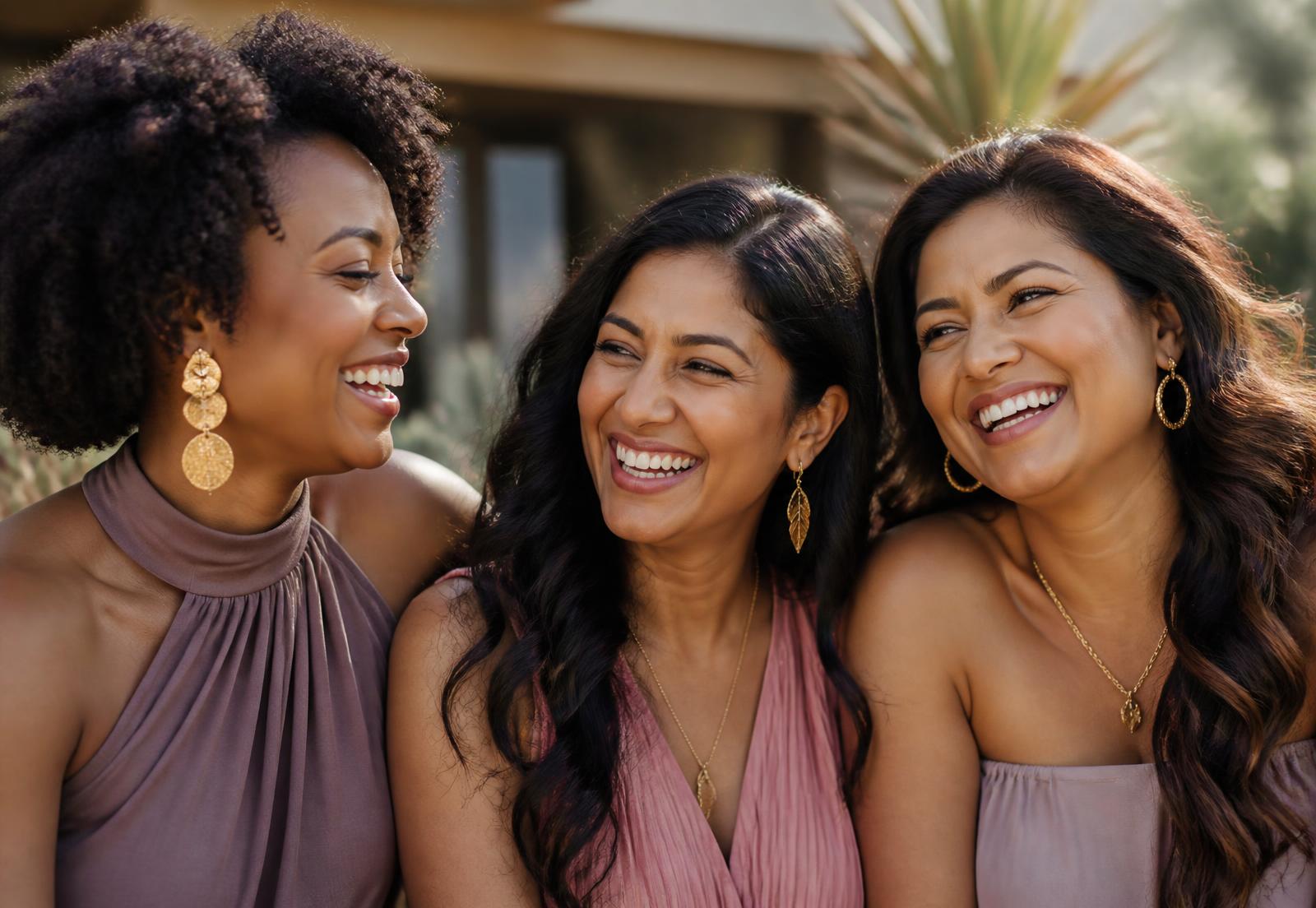 Midlife women of different skin tones and hair textures in warm conversation