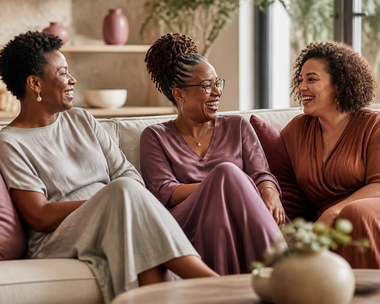 Black and Brown women in midlife laughing together on a couch