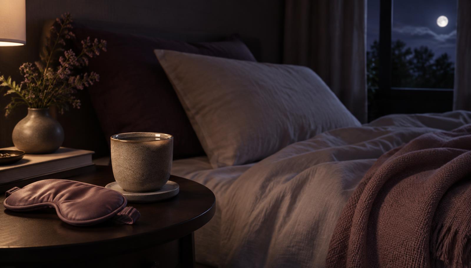 A quiet bedside at night with an eye mask, a warm drink, soft bedding, and moonlight through the window.