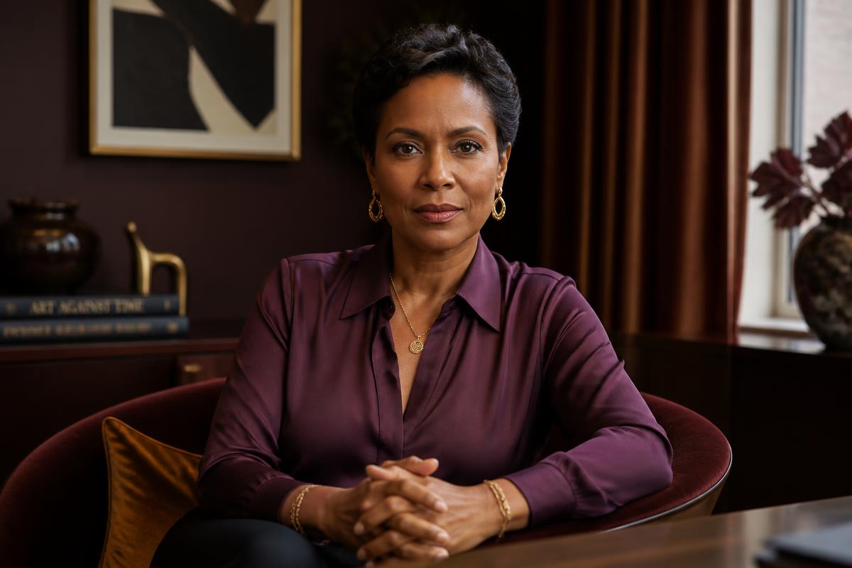 A Black woman in her fifties in conversation, notebook in hand, in a warm consultation setting