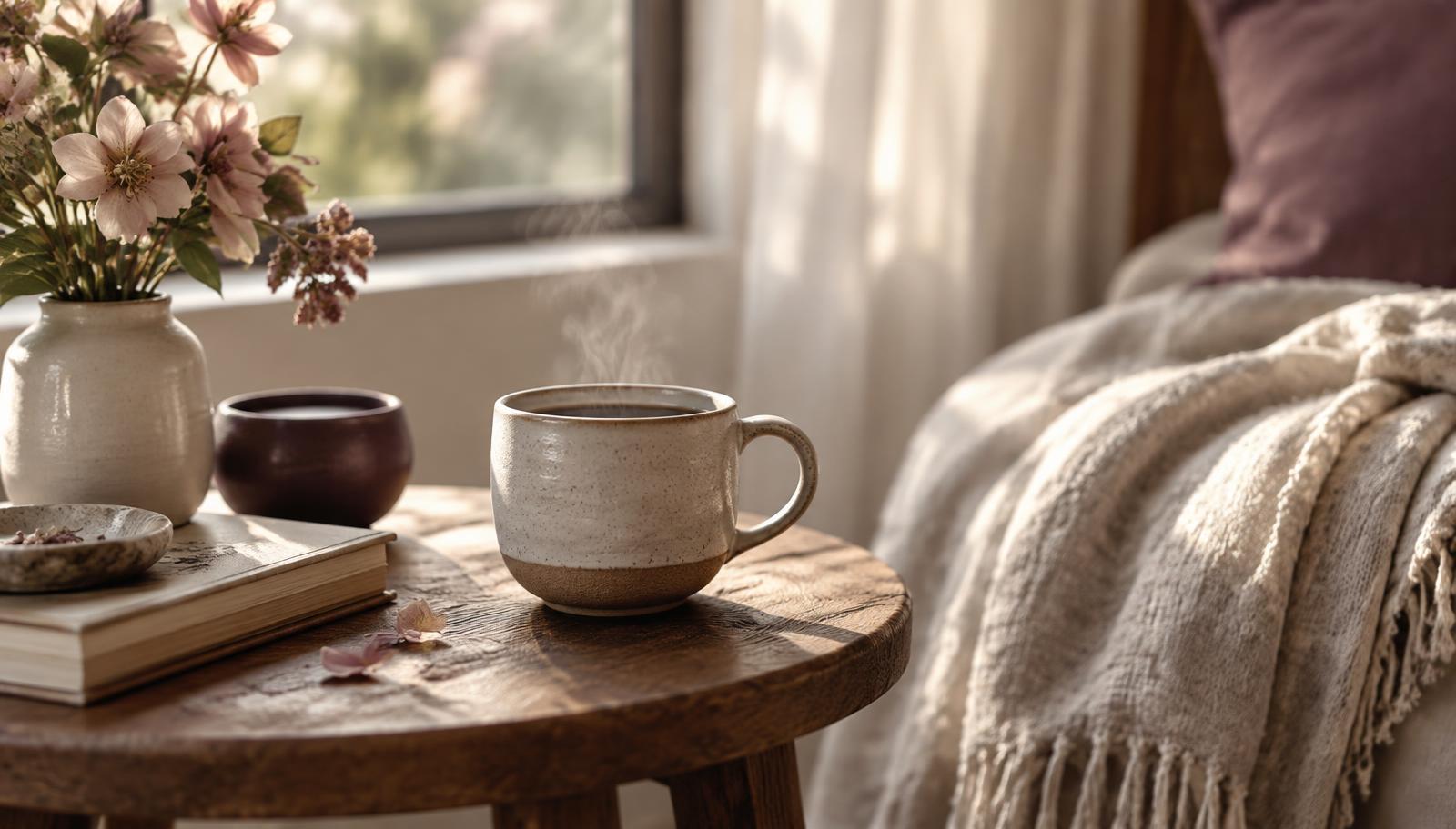 A Black woman in midlife sits on a cushion by a sunlit window, eyes closed, one hand resting on her heart.