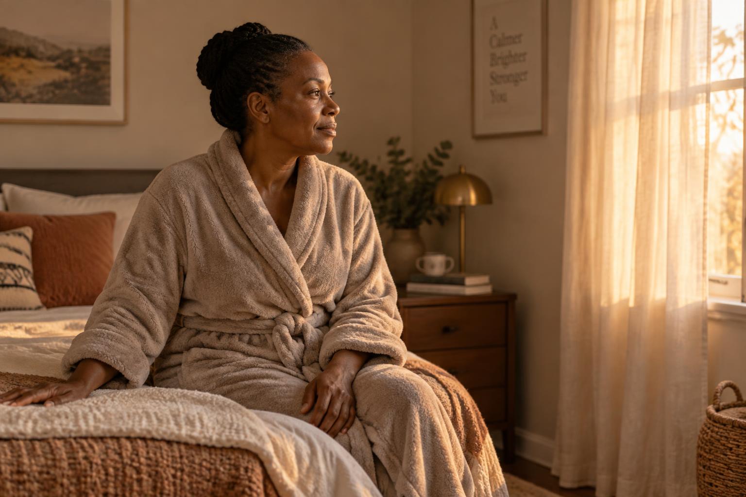 A Black woman in her early fifties sitting on the edge of her bed in soft early morning light, calm and reflective.