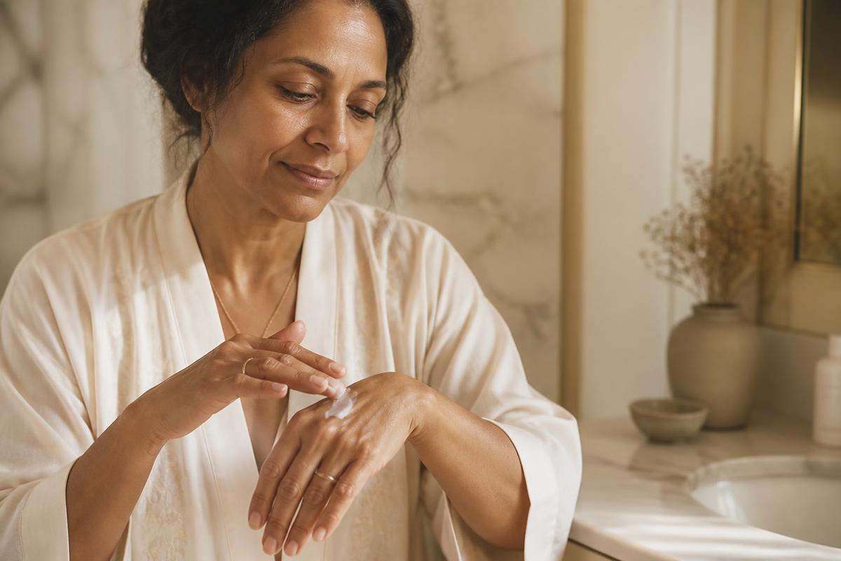 A Brown woman in her forties applying moisturizer at a sunlit bathroom mirror