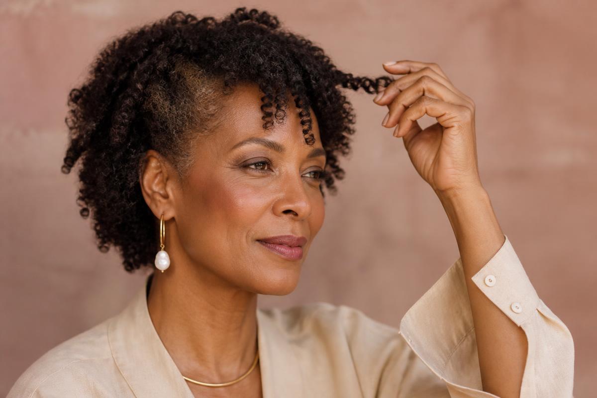 A Black woman in her fifties with natural coily hair, photographed in warm daylight