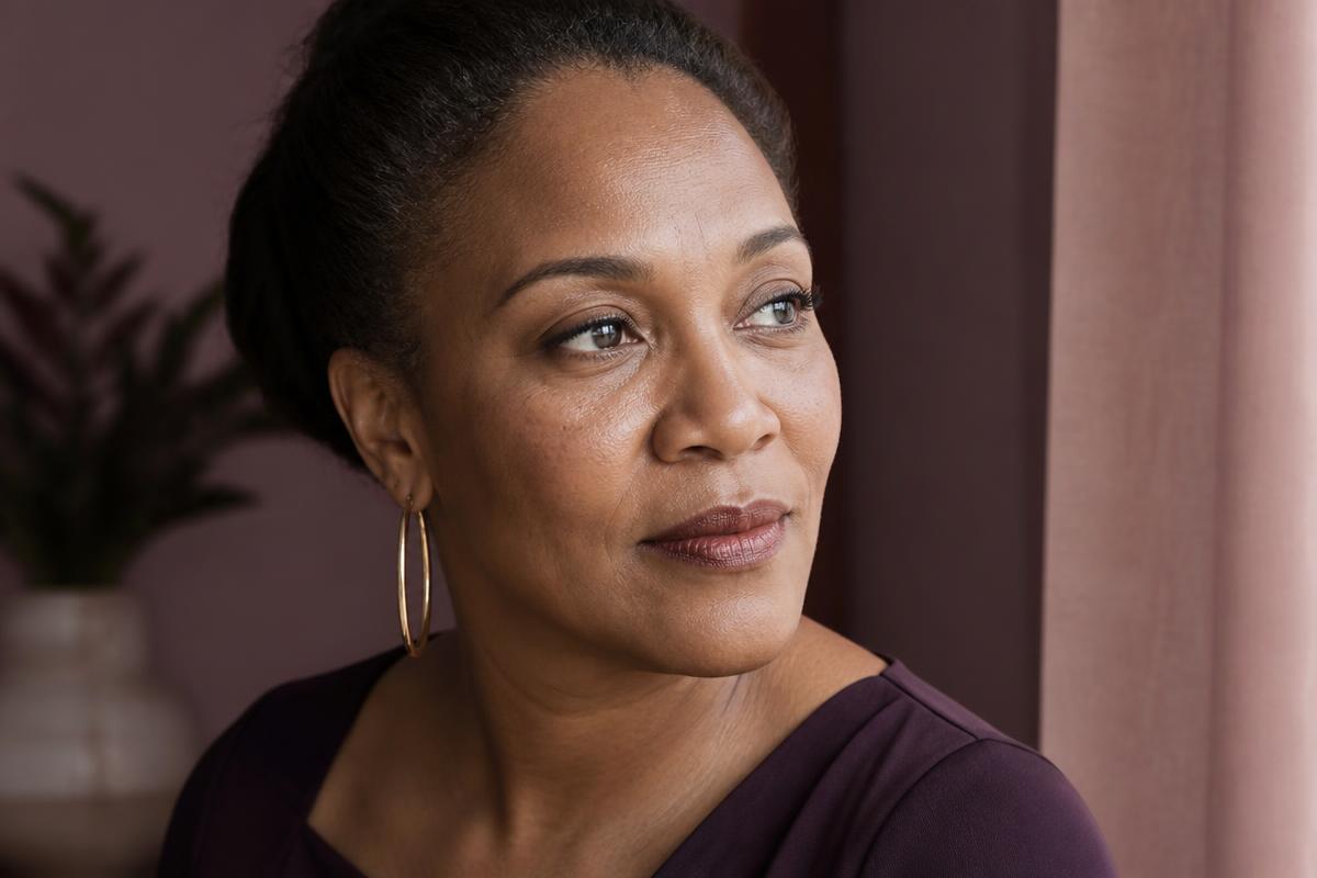 A Black woman in her forties in warm natural light, looking calmly at the camera