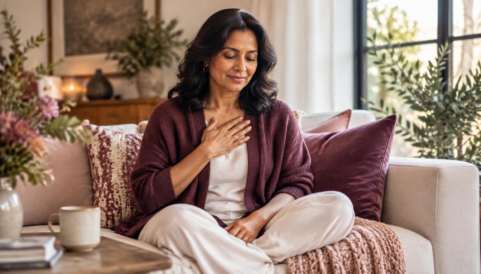 A Brown South Asian woman in midlife pauses on a sofa with one hand resting gently over her chest.