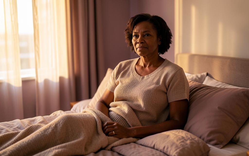 A Black woman in her late forties sitting up in bed in soft early morning light, calm and reflective.