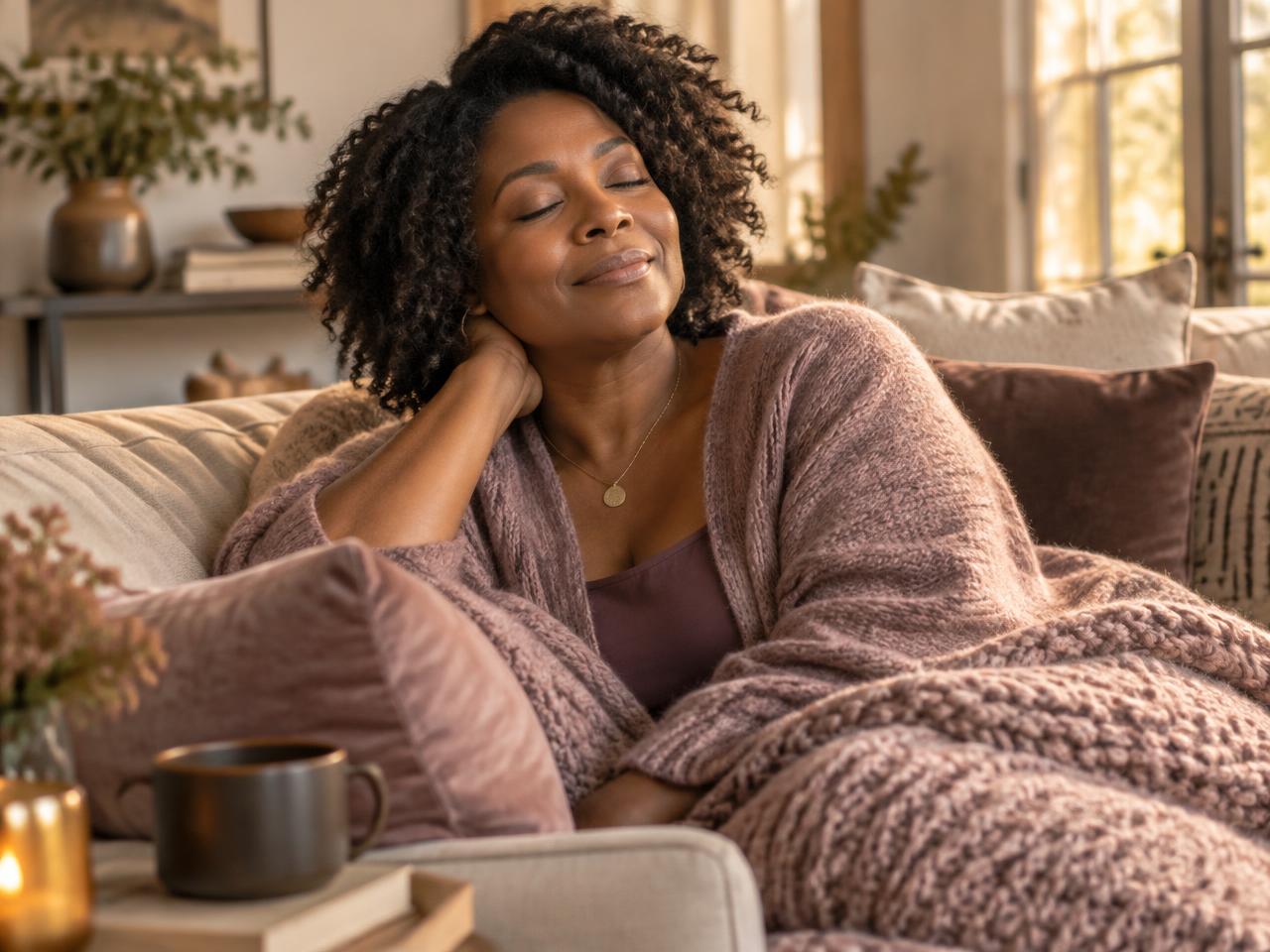 A Black woman in her late forties rests with her eyes closed on a cozy sofa, wrapped in a soft mauve throw in warm window light