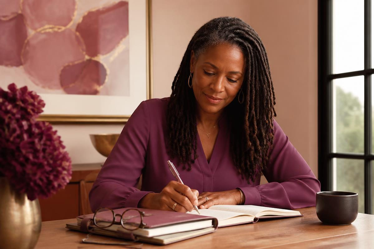 A Black woman in her fifties with locs writes notes in a journal at a wooden table beside a planner and glasses.