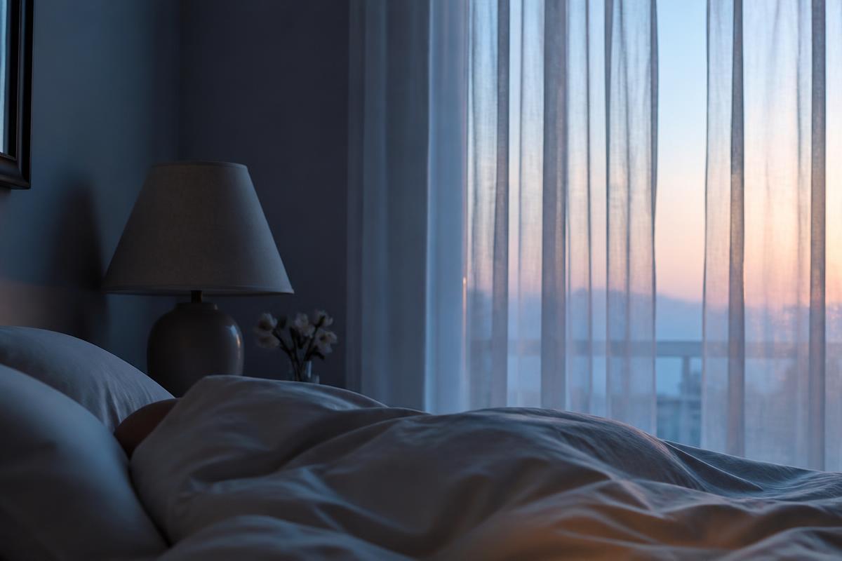 A quiet bedroom at dawn with soft light through sheer curtains and rumpled bedding.