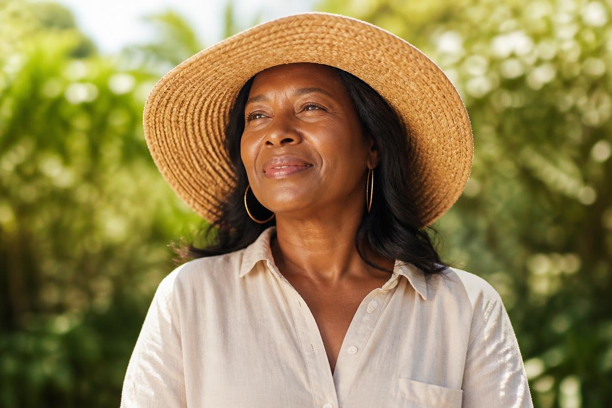 A Black woman in a wide brimmed hat outdoors in bright sunlight