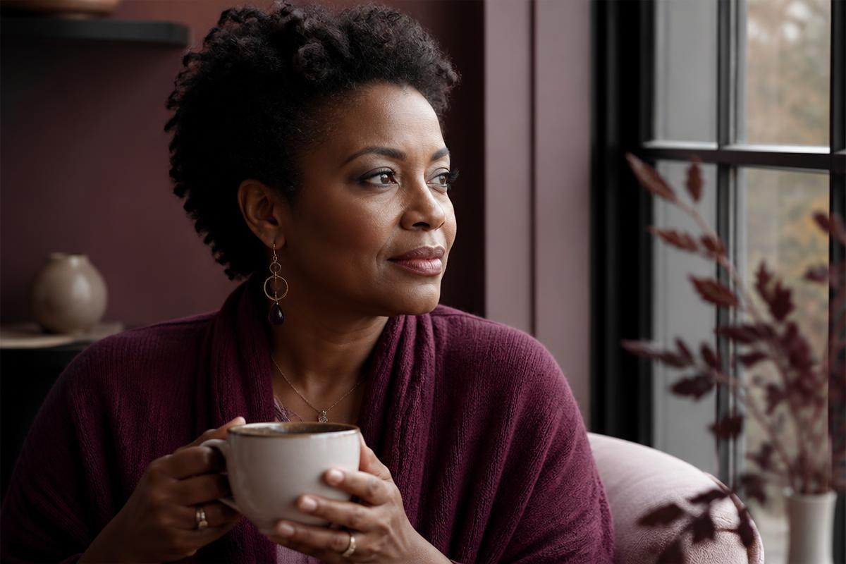 A Black woman in her forties sits by a window holding a warm mug, looking thoughtful.